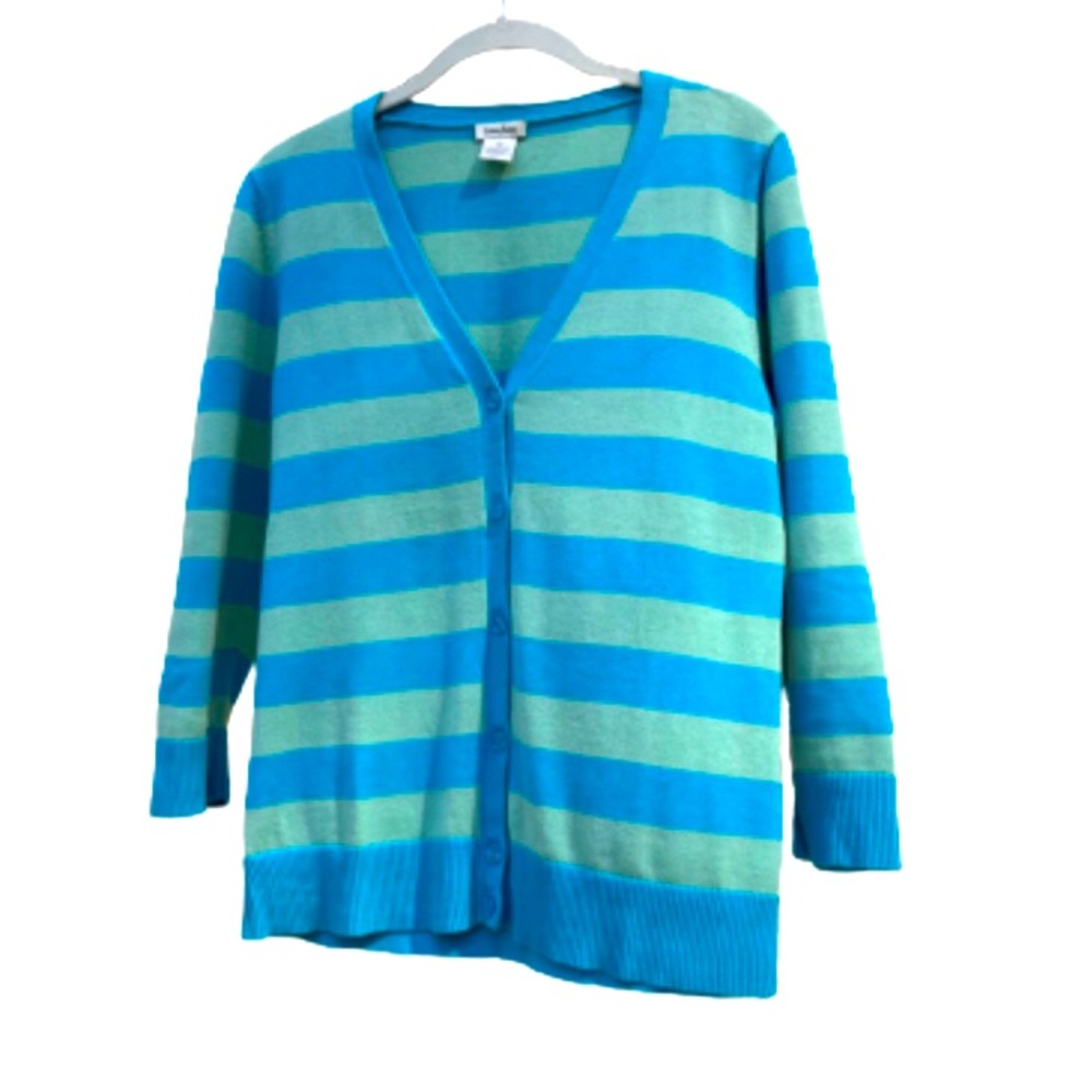 Neiman Marcus Aqua Blue & Mint Green Striped Cotton 3/4 Sleeves Cardigan Size M